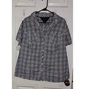 Tommy‎ Hilfiger Women 24 Navy White Medallion Paisley Cotton Button Down Shirt